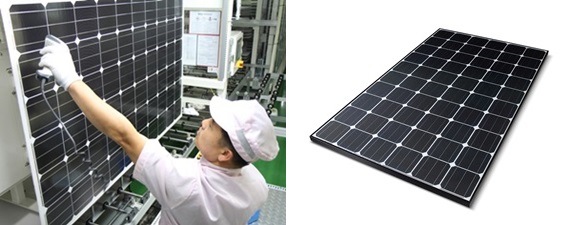 LG전자 구미 태양광 생산라인에서 태양광 모듈을 검사하고 있는 모습과 LG전자 태양광 모듈 모노엑스네온 제품