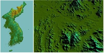 (왼쪽부터) 한반도 DEM과 한강을 중심으로 북쪽의 인왕산·남쪽의 관악산이 표현된 서울 여의도 주변 DEM <자료제공=국토지리정보원>