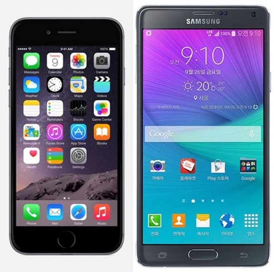 '아이폰6'와 '갤럭시노트4' 제품사진 <사진=각각 애플, 삼성전자>