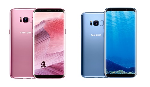 ‘갤럭시 S8+’ 로즈 핑크(왼쪽)와 ‘갤럭시 S8’ 코랄 블루. <사진=삼성전자>