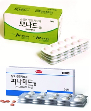 탈모치료제인 JW신약의 ‘모나드정’(위쪽)과 한미약품의 ‘피나테드’(아래쪽). <사진=각사 취합>
