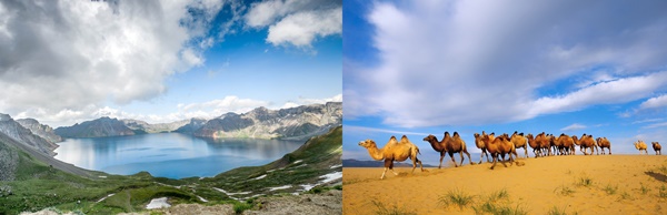 하나투어 백두산 천지(왼쪽), 모두투어 몽골 바얀고비 여행 상품도 인기가 높다. <사진=각사 취합>