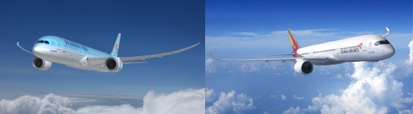 대한항공의 B787-9(왼쪽)와 아시아나항공의 A350. <사진=각사 제공>
