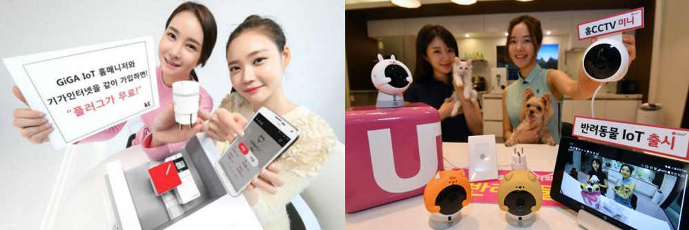 KT의 '기가 IoT Home 매니저'(왼쪽)과 LG U+의 '반려동물 IoT 서비스' <사진=KT,LG유플러스>