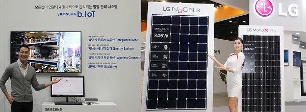 ‘2017 대한민국 에너지대전’에서 삼성전자(왼쪽)와 LG전자 모델이 회사의 제품을 소개하고 있다. <사진=각사취합>