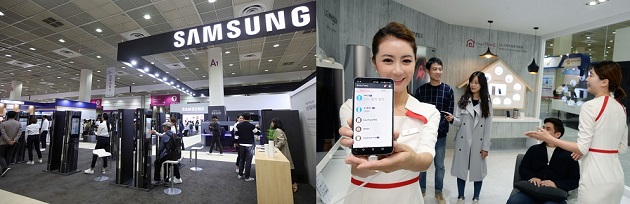 ‘한국전자전 2017’의 삼성전자 부스(왼쪽)와 LG전자 모델이 스마트홈 애플리케이션 ‘스마트씽큐’를 홈 IoT와 연동하고 있다. <사진=각사취합>