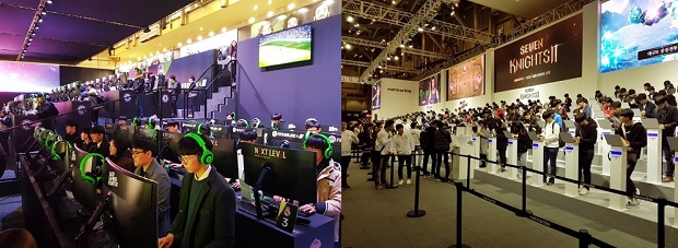 관람객들이 넥슨의 PC온라인 ‘피파 온라인4(왼쪽)’와 넷마블 4종의 모바일 게임을 각각 시연하고 있다. <사진=유성현 기자>