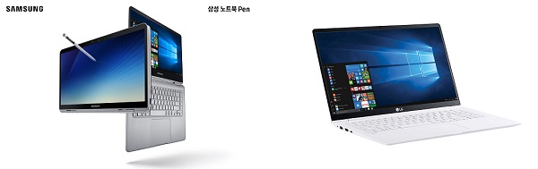 S펜과 노트북·태블릿이 가능한 ‘삼성 노트북 펜(왼쪽)’과 최대 31시간 사용의 배터리를 강점으로 내세운 ‘LG그램’. <사진=각사취합>