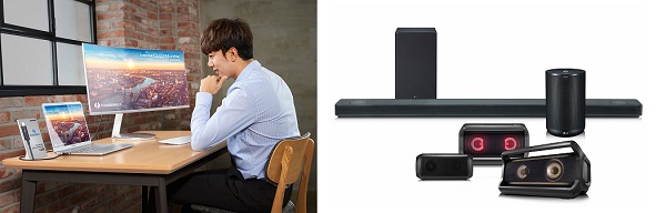 삼성전자의 QLED 커브드 모니터(왼쪽) 제품과 LG전자의 2018년형 오디오 제품군(사운드바·포터블 스피커·AI 오디오). <사진=각사취합>