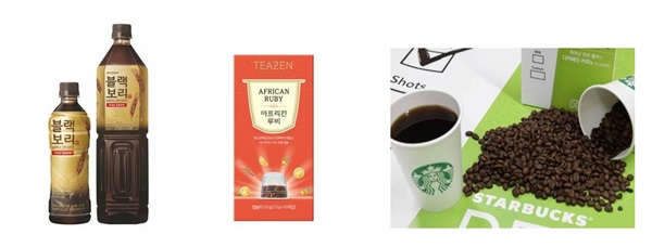 하이트진로음료의 ‘블랙보리’, 티젠의 ‘아프리칸 루비 캡슐티’, 스타벅스의 ‘디카페인 커피’ <사진=각사취합>