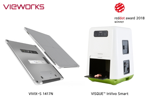 ‘2018 레드닷(reddot) 디자인 어워드’에서 제품디자인부문을 수상한 디지털 엑스레이 디텍터 `VIVIX-S 1417N’과 바이오 이미징장비 `VISQUE InVivo Smart’. 