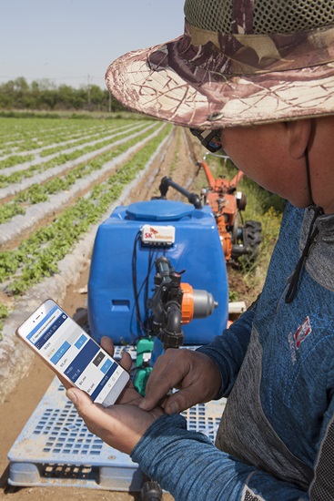 감자 재배농가 농장주가 스마트폰을 활용해 SK텔레콤의 '지능형 관수관비 솔루션'을 작동시키고 있다.<사진=SK텔레콤>