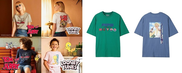 지유(GU) ‘위너브라더스 그래픽 티셔츠’(왼쪽), 게스(GUESS) ‘게스X펩시 컬래버레이션 라인’. <사진=각사취합>