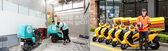 지난 24일 서울시와 업무협약을 맺고 일반 바이크를 전기 바이크로 교체하게 된 배민라이더스(왼쪽)와 맥도날드. <사진=각사취합>