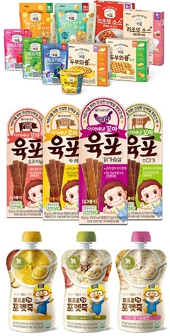 일동후디스가 출시한 어린이 식품 브랜드 키요의 제품, 아이배냇꼬마 브랜드 주력제품 '아이배냇꼬마 육포', 팔도가 출시한 '뽀로로 참맛 포켓죽' (사진 위쪽부터) <사진=각사취합>