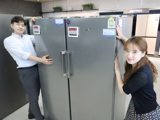 롯데하이마트 모델들이 베코(beko)의 ‘셀렉티드 패키지 냉장고’를 소개하고 있다. 