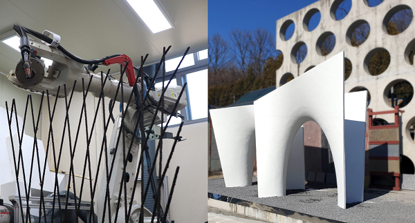 3D프린팅으로 제작된 금속 철근과 비정형 구조물(오른쪽)<사진=현대ENG>