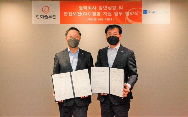 남이현 한화솔루션 대표와 강용구 나이스디비 대표가 기념사진을 촬영하고 있다.(왼쪽부터)<사진=한화솔루션>