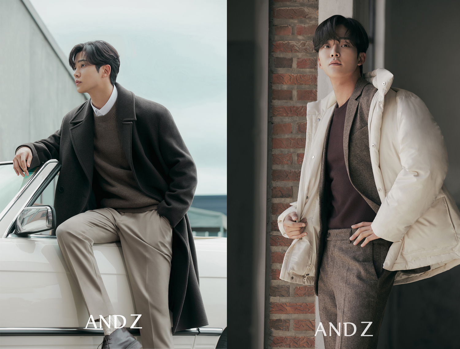 앤드지 아이콘 배우 로운이 신성통상 앤드지의 2022 겨울 컬렉션을 입고 화보 촬영을 하고 있다. <사진=신성통상>