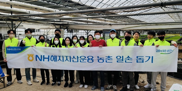 28일 NH헤지자산운용 임직원들이 김포시 고촌읍을 방문해 농촌일손돕기를 진행하고 기념촬영을 하고 있다.<사진=NH헤지자산운용>