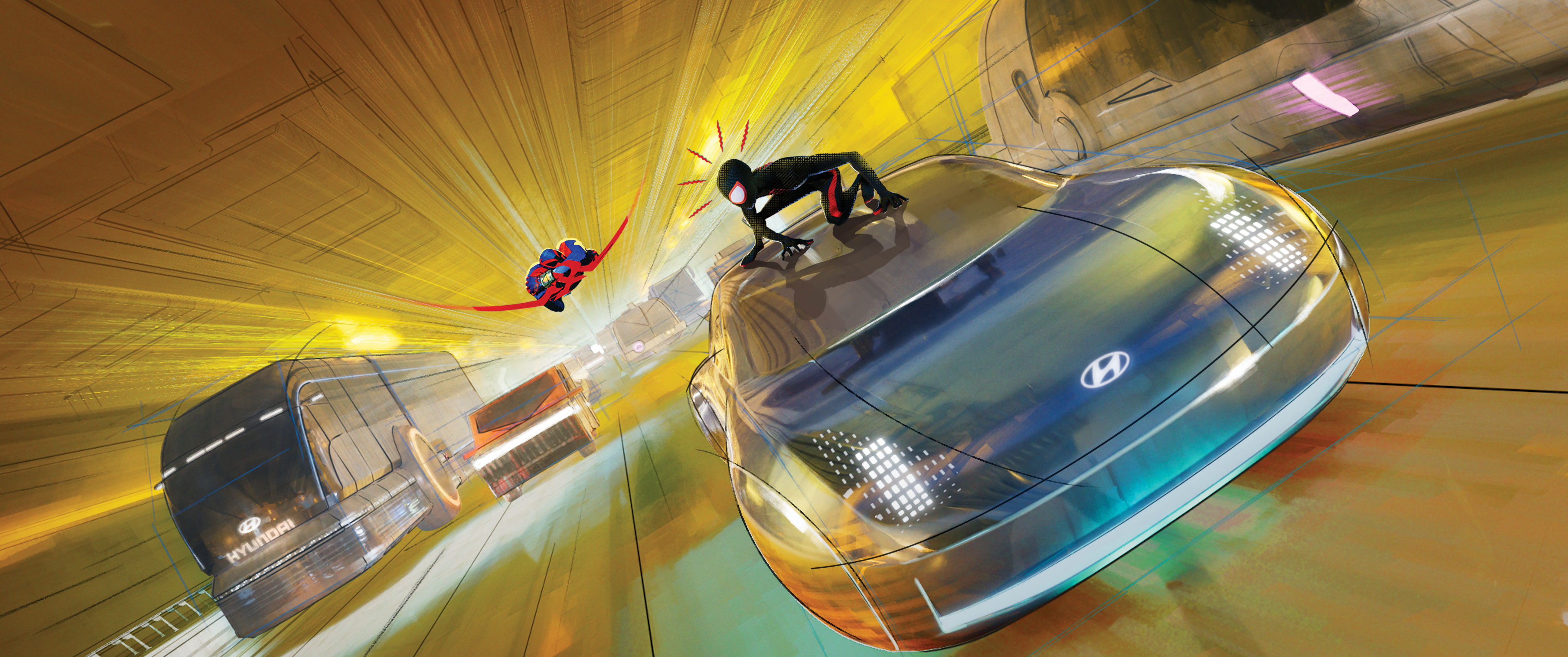 영화 스파이더맨: 어크로스 더 유니버스에 등장하는 플라잉 프로페시와 스파이더맨의 모습 <사진=현대자동차>